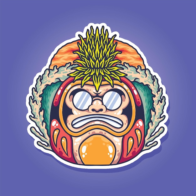 Vector japanese face daruma mask vector art combination with marijuana skull surfboard beach and funny