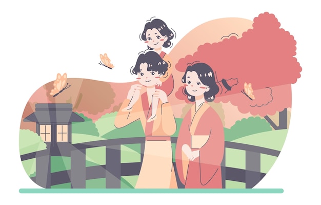 屋外の日本人家族 伝統的な服を着た幸せなアジアの家族