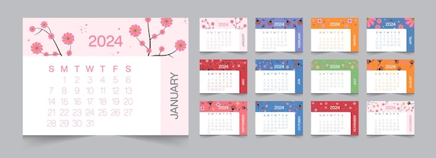 ベクトル 日本の花の月間カレンダー 2024 12 か月