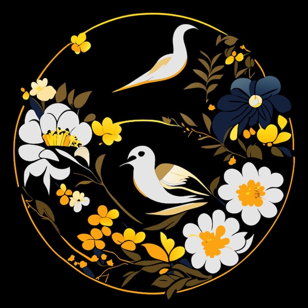 japanese flowers and birds vector illustration