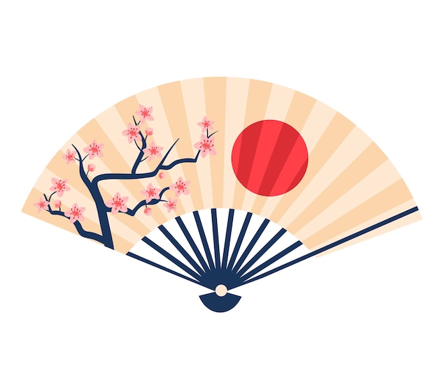 Vector japanese folding fan with cherry blossoms and red sun traditional asian hand fan with floral design