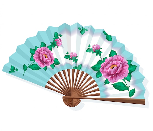 Vector japanese folding paper sansu fan with a pink peonies.