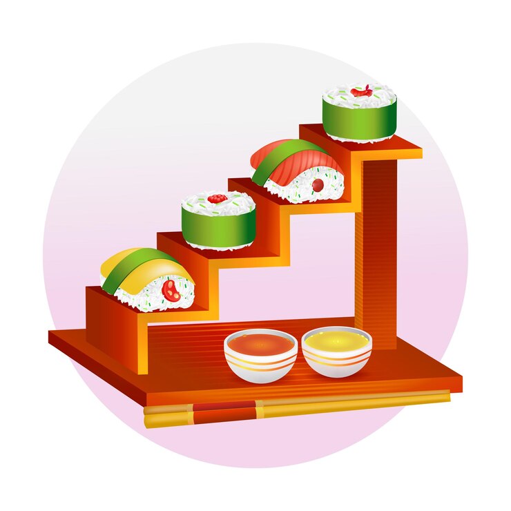Vector japanese food 3d illustration of sushi on a ladder wooden tray