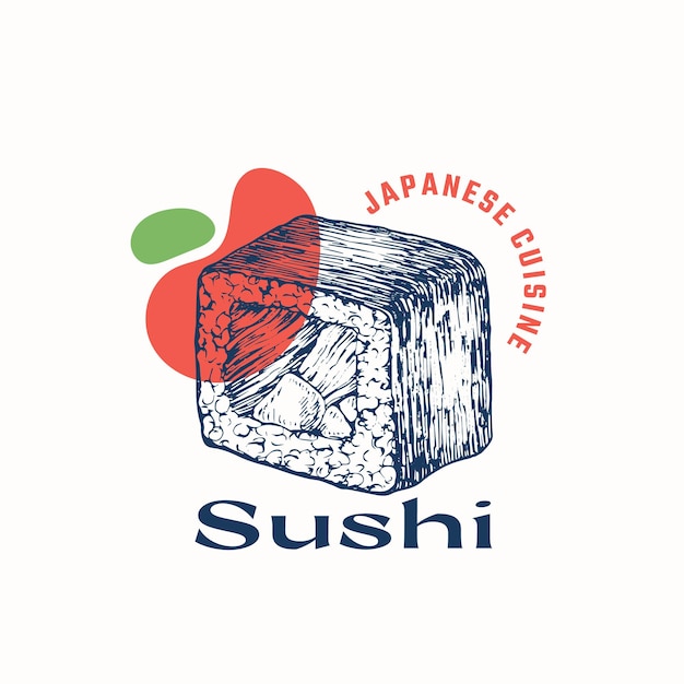 Cibo giapponese segno astratto simbolo o logo modello disegnato a mano sushi roll o maki sushi con tipografia tradizionale cucina asiatica vettore emblema concetto isolato