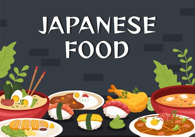 Japanese Food Cartoon Illustration with Various Delicious Dishes in the Restaurant