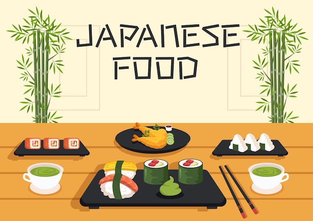 Japanese Food Cartoon Illustration with Various Delicious Dishes in the Restaurant