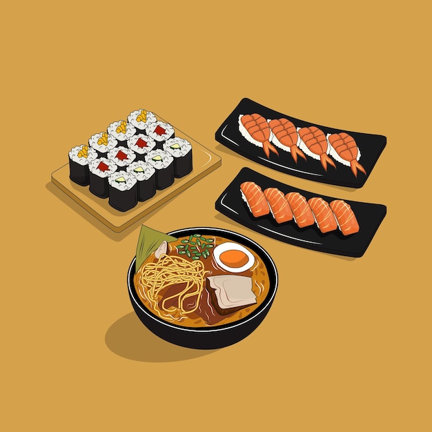 Japanese food in cartoon vector drawing