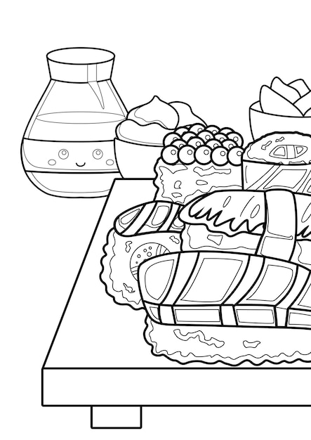 Japanese Food Coloring Pages A4 for Kids and Adult