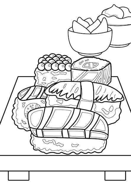 Japanese Food Coloring Pages A4 for Kids and Adult