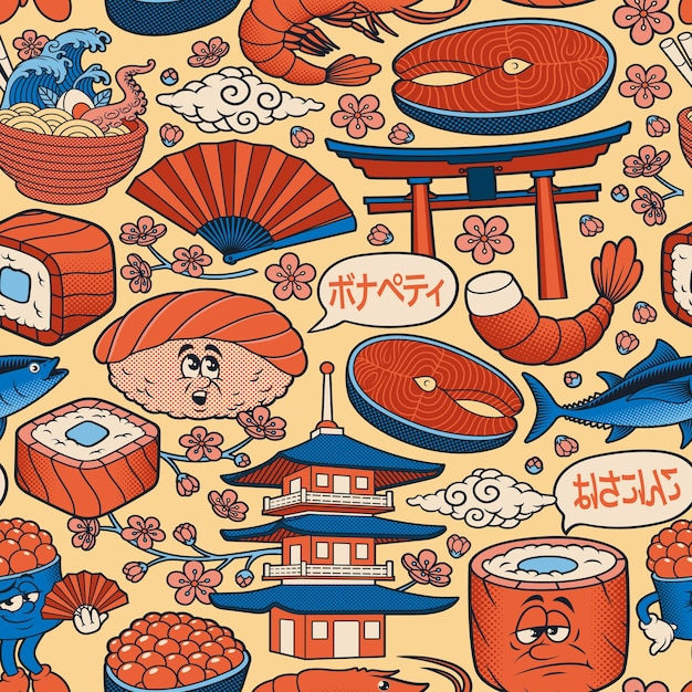 Vector japanese food doodle art seamless background