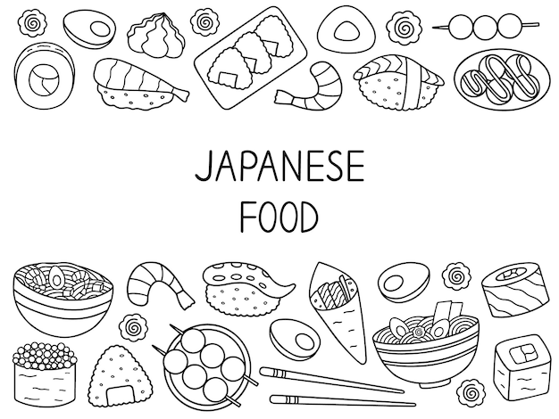 Vector japanese food doodle set asian cuisine in sketch style