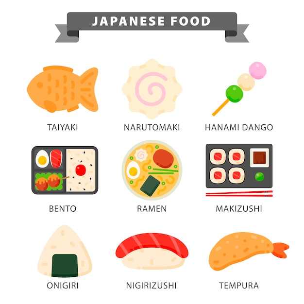 ベクトル あなたの料理プロジェクトや食品出版物のためのフラットスタイルの日本食アイコン