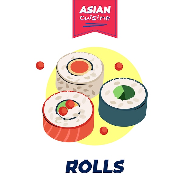 Japanese food rolls poster handdrawn design japan national dish rice and raw seafood sushi bar