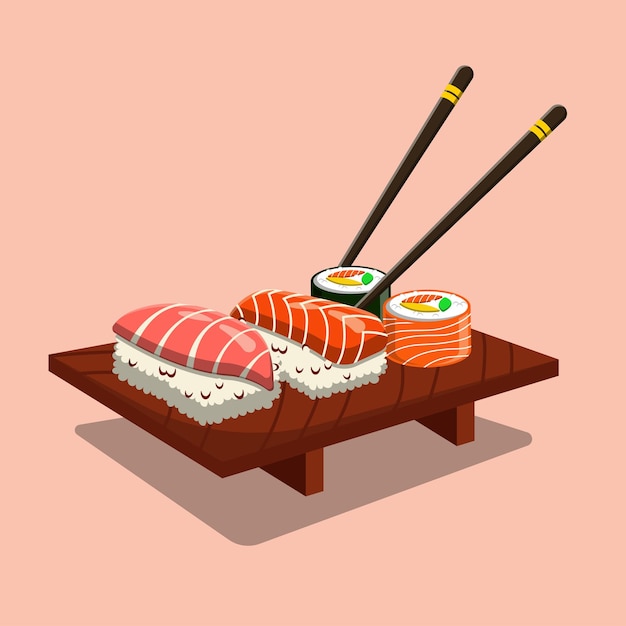 Sushi di salmone alimento giapponese con l'illustrazione del fumetto della bacchetta