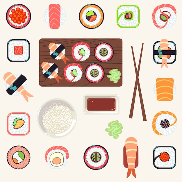 Insieme dell'illustrazione di vettore dell'alimento giapponese