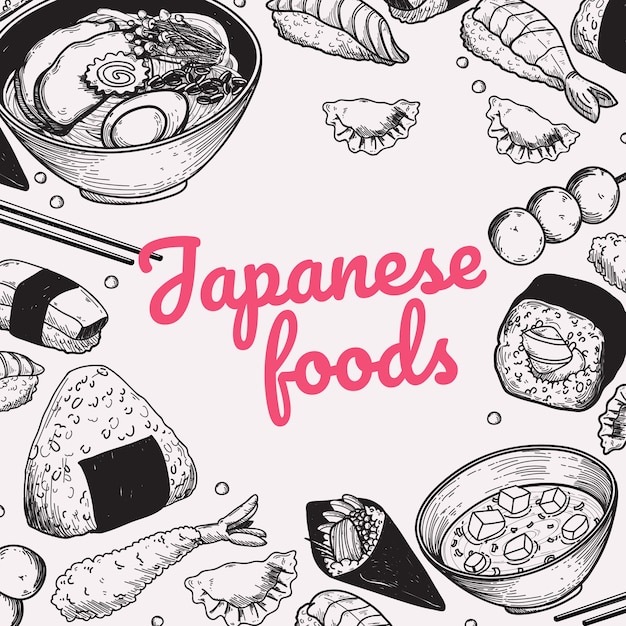 Japanese foods doodle handdrawn