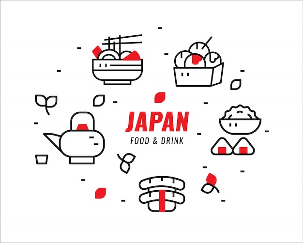 Japanese foods and drinks. Thin line design elements. vector illustration