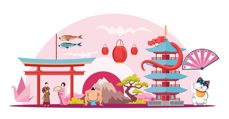 Japanese Fuji mountain Maneki Neko temple with pagoda composition Itsukushima Shrine with sumo wrestler and geisha Japan cartoon creative horizontal background