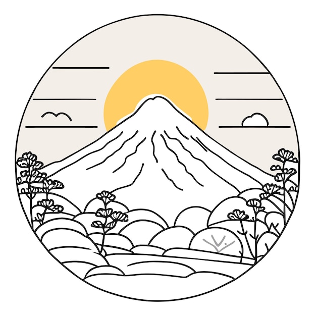 Japanese garden nature park mountain background bright children drawing in minimalist style