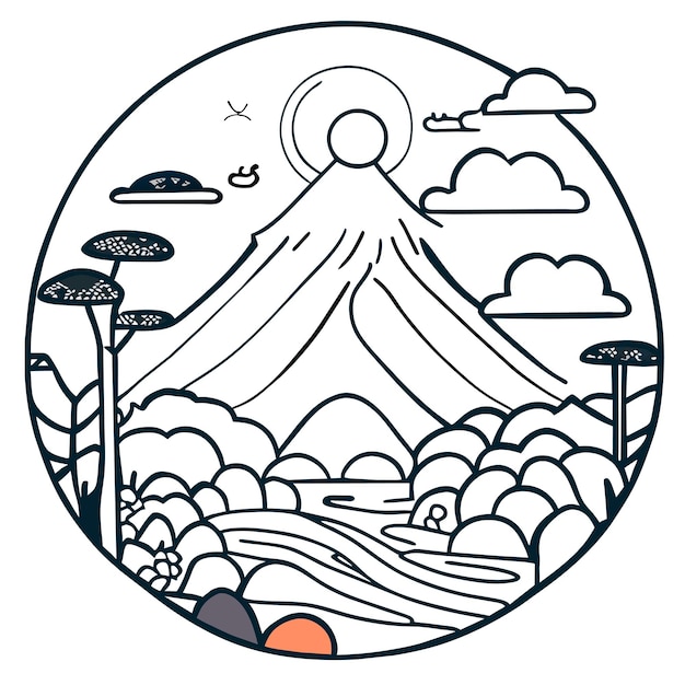 Japanese garden nature park mountain background bright children drawing in minimalist style