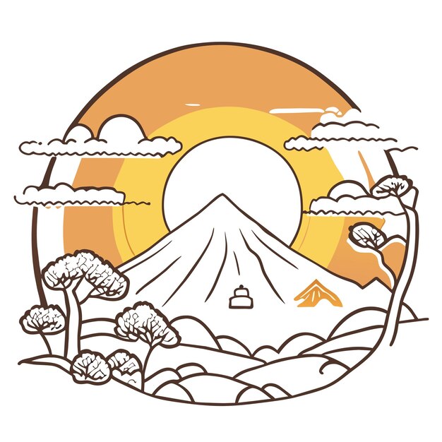 Japanese garden nature park mountain background bright children drawing in minimalist style