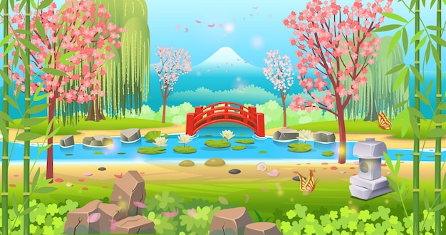 ベクトル 川と湖と赤い橋の桜と石灯籠のある日本庭園