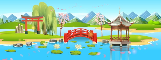 Japanese garden with a river a lake a red bridge arch and pergola cherry blossoms