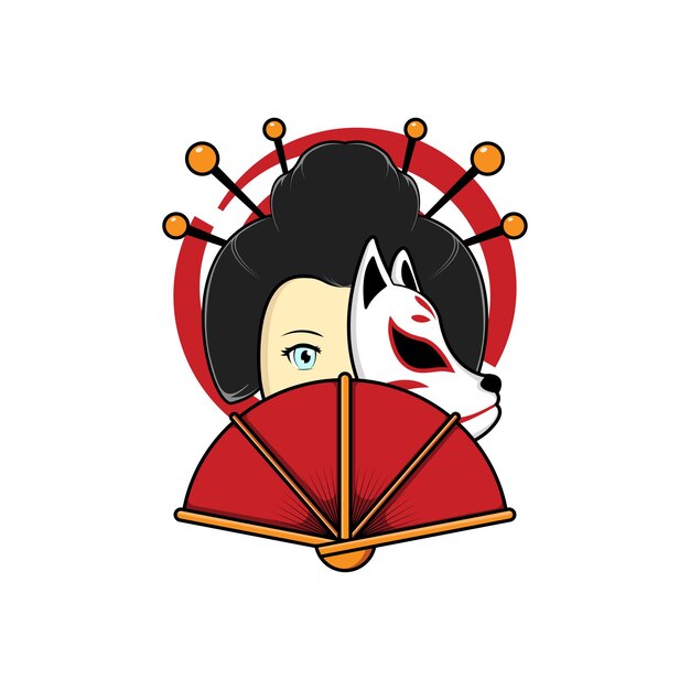 Japanese geisha with sensu fan illustration