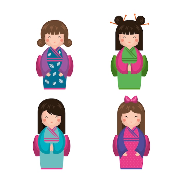 日本の女の子の人形のアイコンのベクトル図のデザイン