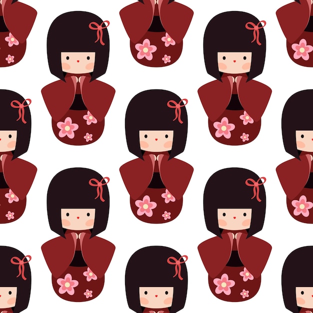 赤い服を着た日本人の女の子。シームレスなベクトル パターン