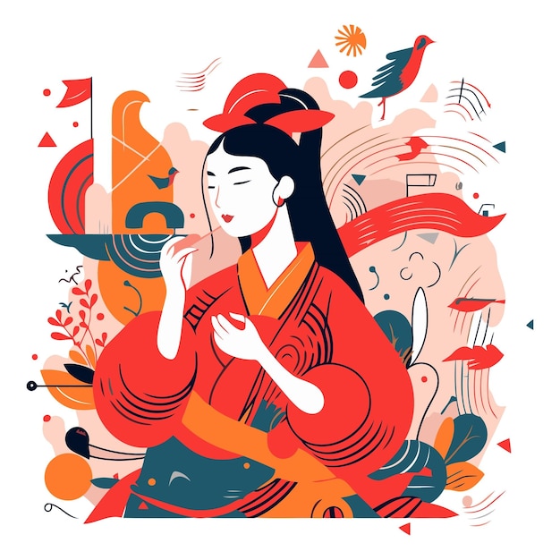 ベクトル japanese girl in traditional clothes in a flat style