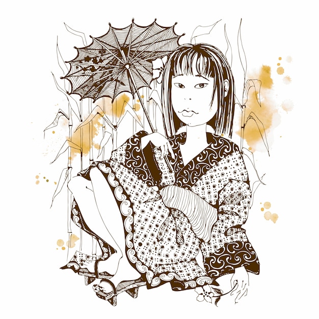 Japanese girl in kimono with umbrella.