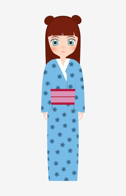 벡터 기모노 만화 아이콘을 입고 일본 여자