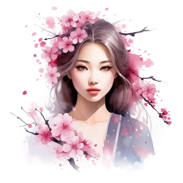 Vettore ragazza giapponese con fiori di ciliegio