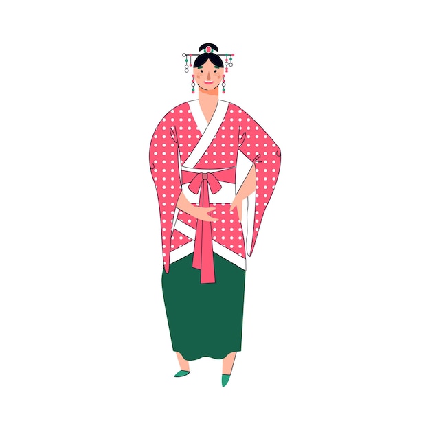 Vector japanese girl or woman cartoon character in kimono vector illustration isolated