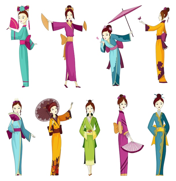 Вектор Японские девушки, стоящие в кимоно женщины в костюмах традиционного стиля полнометражный портрет типичных японских гейшей