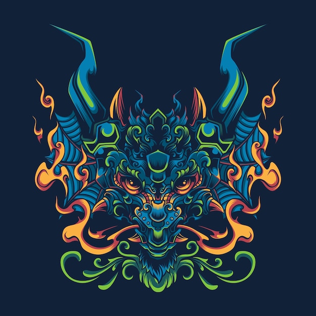 Вектор Иллюстрация головы японского зеленого дракона для талисмана, логотипа, дизайна футболки
