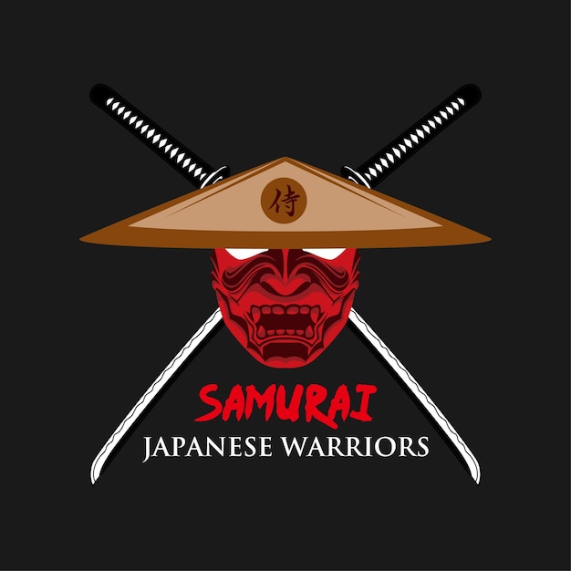 Vector japanese hannya mask and katana shogunlogotype icon red and black detailed vector