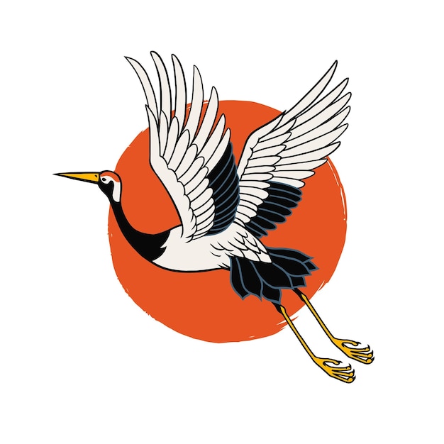 Uccello dell'airone giapponese che vola sopra il sole rosso