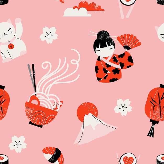 Vector japanese icon seamless pattern.