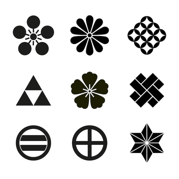 Japanese icons symbols set or collection of traditional plants in blossom, vector illustration isolated on white background