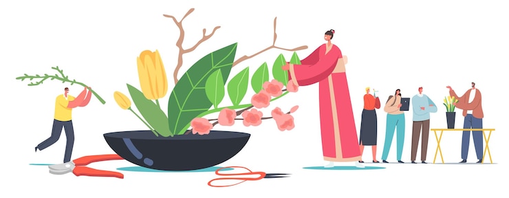 Vector japanese ikebana concept. tiny female character in traditional japan kimono create beautiful floristic composition of flowers and plants. asian culture and art. cartoon people vector illustration
