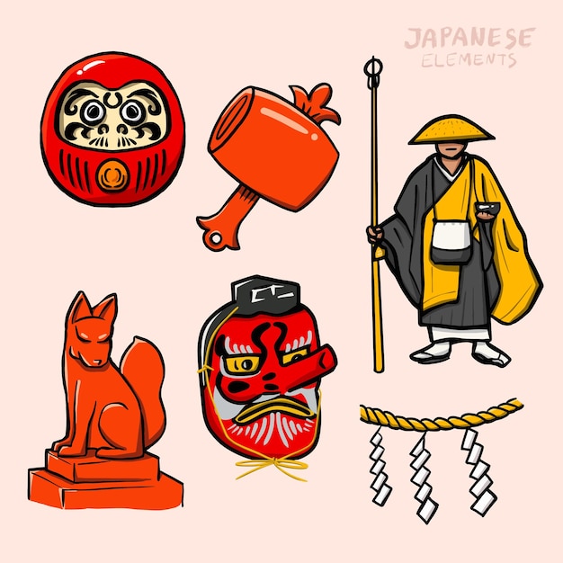 Illustrazione giapponese elemento di tradizione oggetti e crede