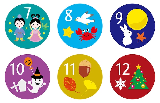 Japanese illustration icons and design letters for a calendar