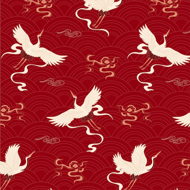 Japanese kimono motif with crane bird seamless pattern