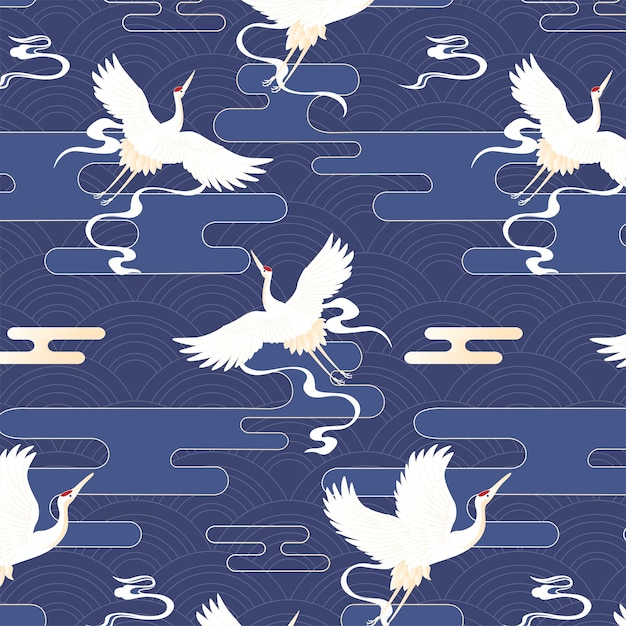 Vector japanese kimono motif with crane bird seamless pattern