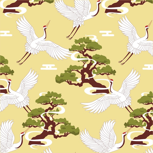 Japanese kimono motif with crane bird seamless pattern