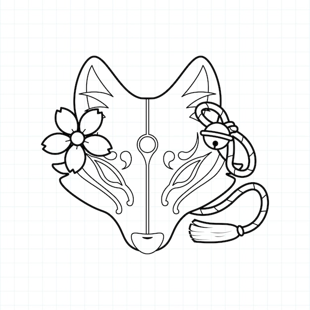 Japanese kitsune mask coloring page vector illustration