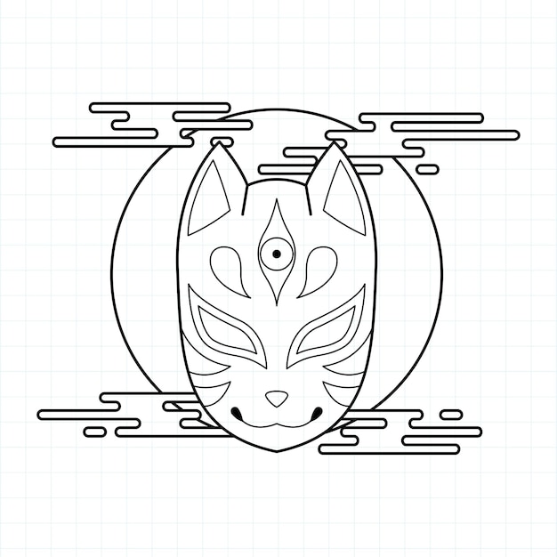 Japanese kitsune mask coloring page, vector illustration