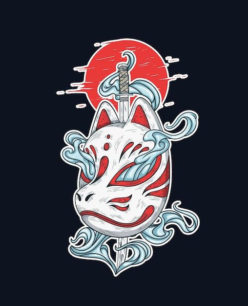 Illustrazione giapponese di maschera kitsune e spada katana